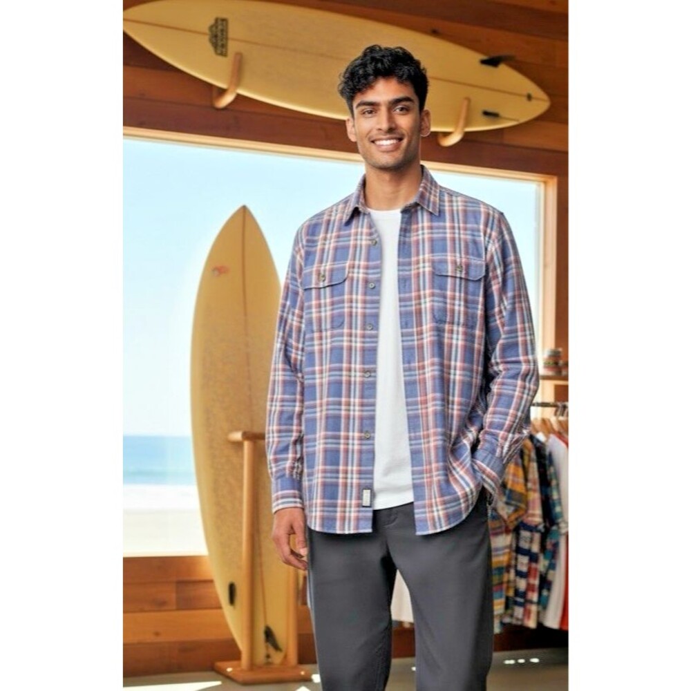 Johnny O Surfflannel blue pink plaid button up mens collared shirt Large coastal